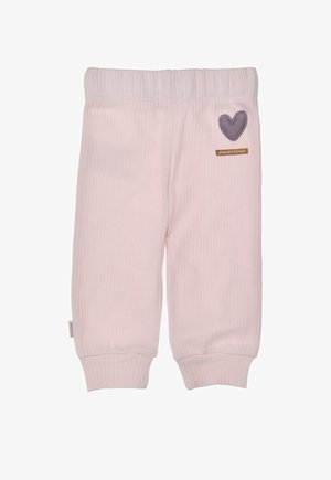 Light pink ribbed baby pants with elastic waistband, cuffed ankles, and a gray heart patch with "you are loved" text on the left side.