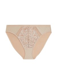 Culotte beige pour femmes avec des détails en dentelle à l'avant, un motif floral, une texture à pois sur les panneaux latéraux et une finition lisse.