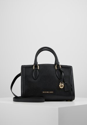 Black leather handbag with pebbled texture, gold-tone hardware, detachable shoulder strap, and embossed logo. Features structured design.