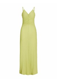 Robe maxi jaune clair avec fines bretelles, tissu texturé, corsage froncé et silhouette fluide, idéale pour les temps chauds.