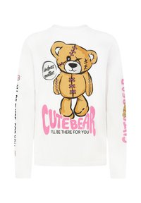 Langärmliges weißes T-Shirt mit einem Cartoon-Patchwork-Teddybeer-Design und dem Text "Kindness matters" sowie "CUTEBEAR" in Rosa.