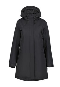 Giacca parka nera con cappuccio dal design elegante, con tasche con zip, cordini regolabili e orlo posteriore leggermente più lungo.