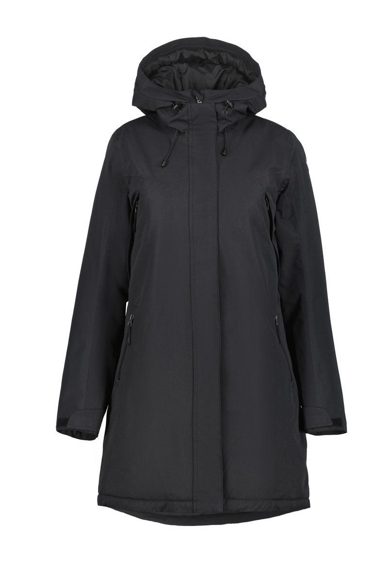 Giacca parka nera con cappuccio dal design elegante, con tasche con zip, cordini regolabili e orlo posteriore leggermente più lungo.
