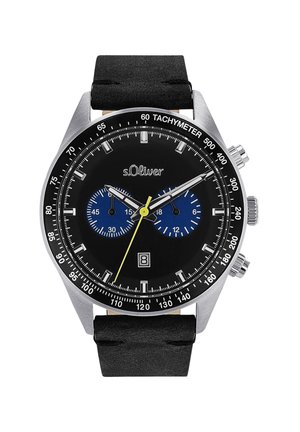 Schwarze Chronographuhr mit einem Gehäuse aus rostfreiem Stahl, blauen Hilfszifferblättern, einem gelben Sekundenzeiger, Tacho-Skala und einem schwarzen Gummiband.