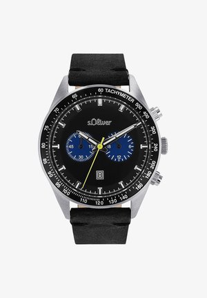 Schwarze Chronographuhr mit einem Gehäuse aus rostfreiem Stahl, blauen Hilfszifferblättern, einem gelben Sekundenzeiger, Tacho-Skala und einem schwarzen Gummiband.