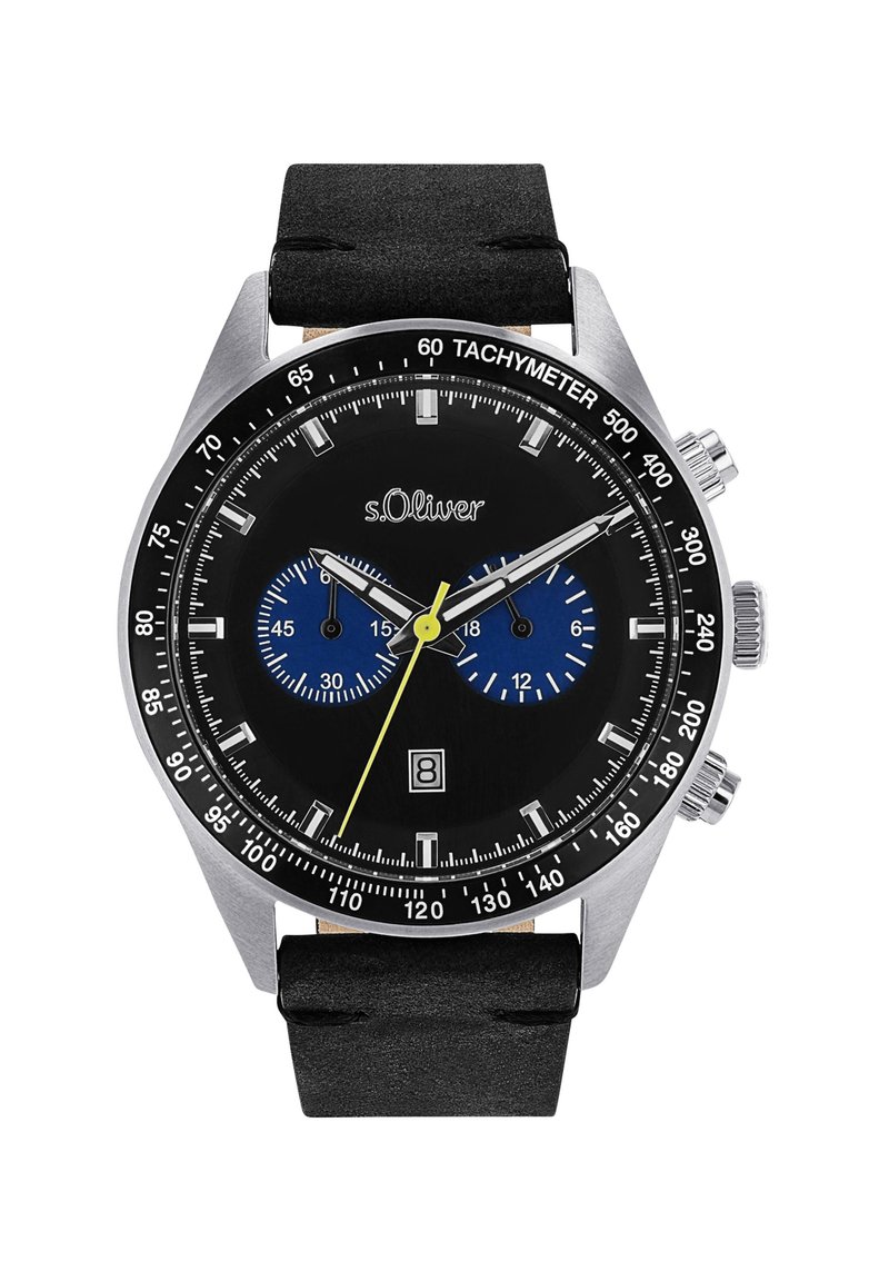 Schwarze Chronographuhr mit einem Gehäuse aus rostfreiem Stahl, blauen Hilfszifferblättern, einem gelben Sekundenzeiger, Tacho-Skala und einem schwarzen Gummiband.