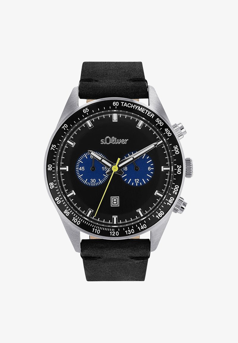 Schwarze Chronographuhr mit einem Gehäuse aus rostfreiem Stahl, blauen Hilfszifferblättern, einem gelben Sekundenzeiger, Tacho-Skala und einem schwarzen Gummiband.