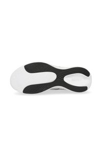 Black and white shoe sole featuring a textured, curved design with a prominent logo. The rubber tread offers grip with distinct patterns.