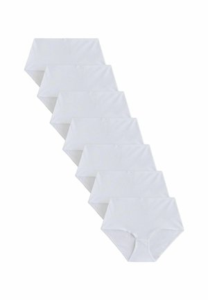 Seks par enkle hvide dameunderbukser med høj talje og små sløjfedetaljer, arrangeret i en forskudt stak på en hvid baggrund.