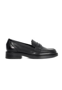 Black leather loafers with a low stacked heel, featuring a front strap detail and smooth texture, designed for casual or formal wear.
