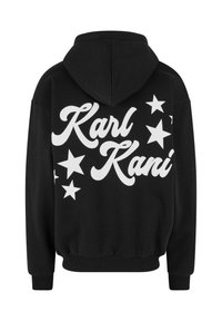 Black hooded sweatshirt featuring large white text "Karl Kani" and star graphics on the back, with ribbed cuffs and hem, made from soft fabric.
