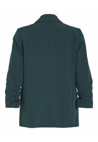 Veste vert foncé avec manches longues froncées, vue de dos, montrant un ourlet droit et un col à revers cranté.