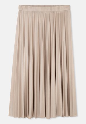 Falda midi plisada en beige claro, con cintura elástica. Textura suave con un acabado brillante, diseño en capas y silueta fluida.