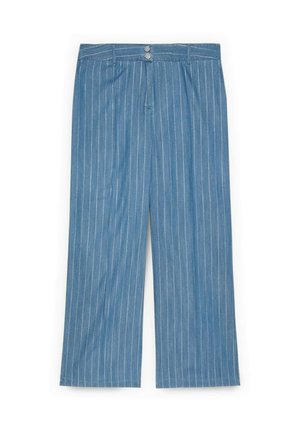 Pantalon large à taille haute bleu avec des fines rayures verticales blanches, deux boutons argentés, passants pour ceinture et fermeture éclair.