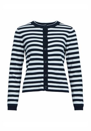 Gestreifter Cardigan mit navy und weißen horizontalen Streifen, runden Ausschnitt, langen Ärmeln und sechs Knöpfen vorne.