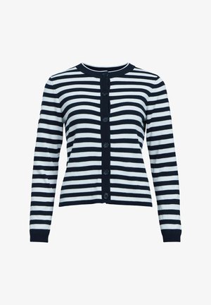 Gilet rayé avec des lignes horizontales bleu marine et blanches, arborant un col rond, des manches longues et six boutons sur le devant.