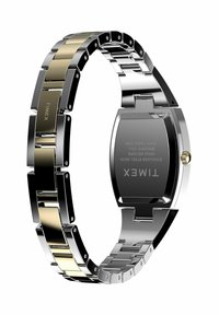 Montre-bracelet en acier inoxydable avec un bracelet bicolore argent et or. Le boîtier a une finition polie, présentant un design rectangulaire simple.
