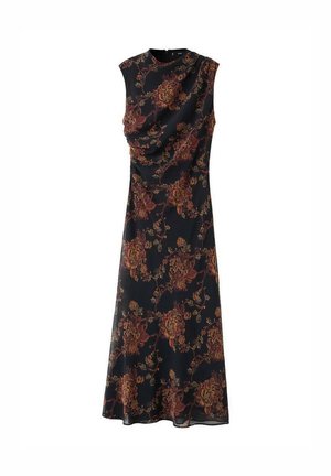 Black floral dress with sleeveless design, featuring gathered fabric at the neckline and large, colorful flower patterns throughout.