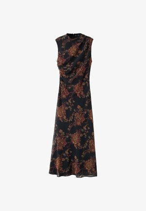 Vestito nero a fiori con design senza maniche, caratterizzato da tessuto arricciato al collo e grandi motivi floreali colorati su tutta la superficie.