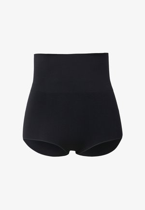 Hoch geschnittene schwarze Formshorts aus dehnbarem Stoff, mit glatter Textur und ohne sichtbare Nähte für unauffälliges Tragen unter der Kleidung.