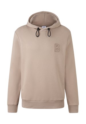Beige hoodie met zwarte trekkoorden en een gestructureerde letter B geborduurd op de linkerkant van de borst, met ribbels aan de mouwen en onderkant.