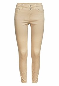 Beige skinny džíny vyrobené z pružné bavlněné směsi, s vysokým pasem, dvěma předními kapsami a dvěma zadními kapsami s kovovými knoflíky.