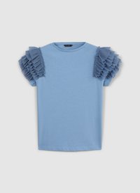 T-shirt bleu clair à manches courtes avec des accents volantés texturés sur les manches et un col ras du cou classique. Tissu doux, design décontracté.