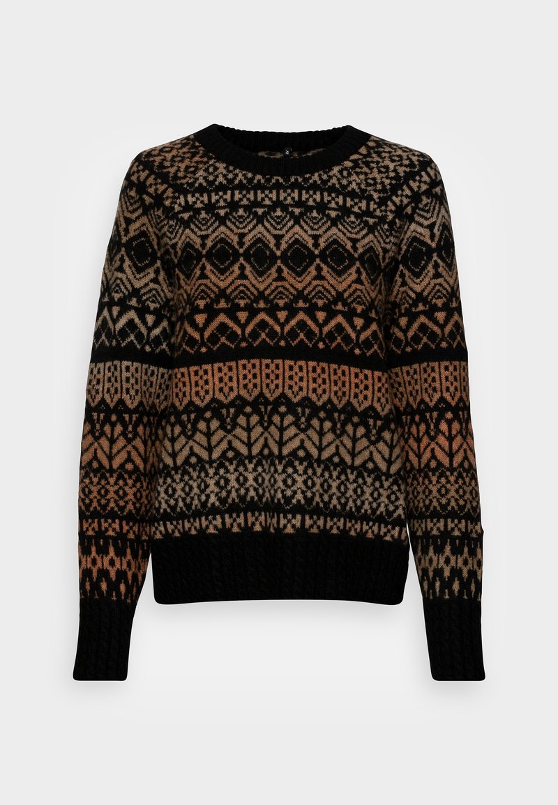 Pull en maille avec un motif géométrique en noir, marron et beige. Encolure ronde et poignets côtelés. Texture douce avec une coupe décontractée.