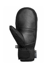 Schwarze Lederhandschuh mit gepolsterter Konstruktion, versehen mit einem separaten Daumenfach, elastischem Bündchen und verstellbarem Riemen. Wasserabweisende Stoffakzente.