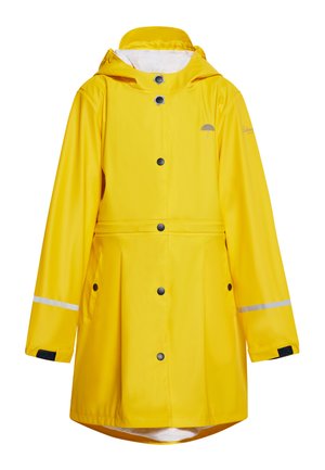 Impermeabile giallo con cappuccio, bottoni a pressione neri, tasche laterali, strisce riflettenti sulle maniche e cinturini regolabili ai polsi.