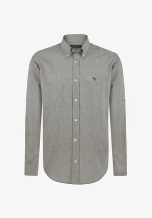 Chemise gris à manches longues avec col classique, en tissu texturé, boutons blancs et petit logo brodé sur la poitrine.