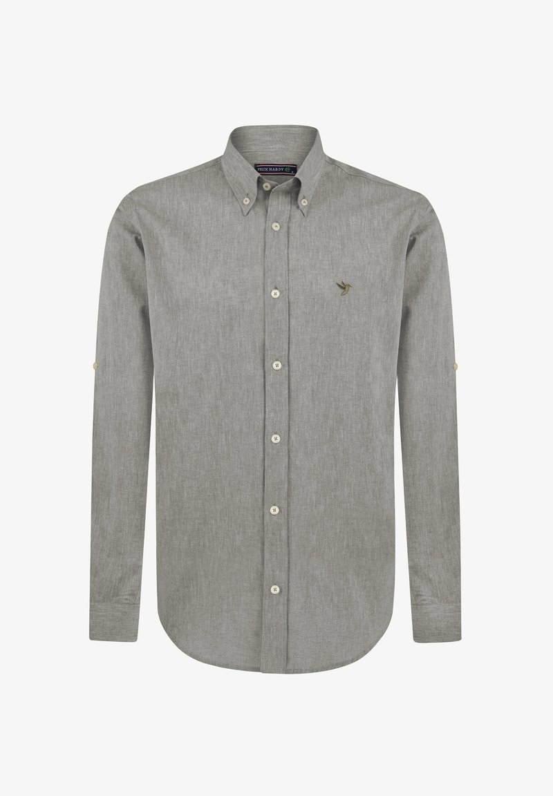 Grå langærmet skjorte med knapper og klassisk krave, der har et struktureret stof, hvide knapper og et lille broderet logo på brystet.