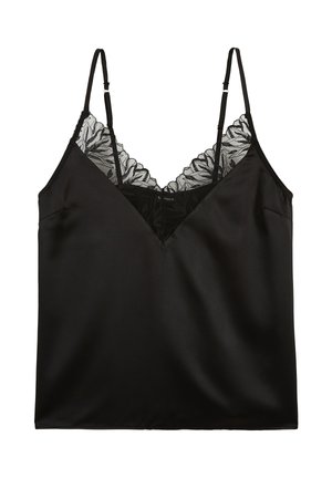 Caraco en satin noir avec bretelles fines réglables et bordure en dentelle florale le long du décolleté en V et du dos.