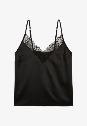 Caraco en satin noir avec bretelles fines réglables et bordure en dentelle florale le long du décolleté en V et du dos.