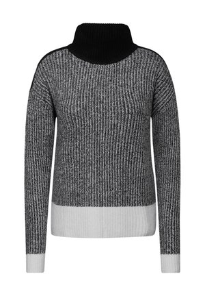 Strickpullover in Schwarz und Grau mit hohem Rollkragen, geripptem Muster, langen Ärmeln und einem kontrastierenden weißen Bündchen am Saum.