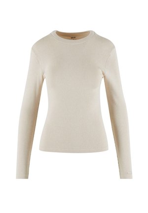 Beige langärmliges Rippoberteil mit Rundhalsausschnitt; hat ein tailliertes Design und ein kleines Logo-Detail am Bündchen.