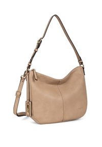 Borsa a spalla in pelle beige con forma curva, tracolla regolabile e dettagli in metallo dorato. Texture liscia con minimi dettagli di cucitura.