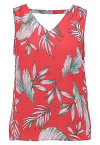 Top sin mangas rojo con escote en V y espalda descubierta, adornado con patrones de hojas tropicales en verde y rosa sobre una tela suave.