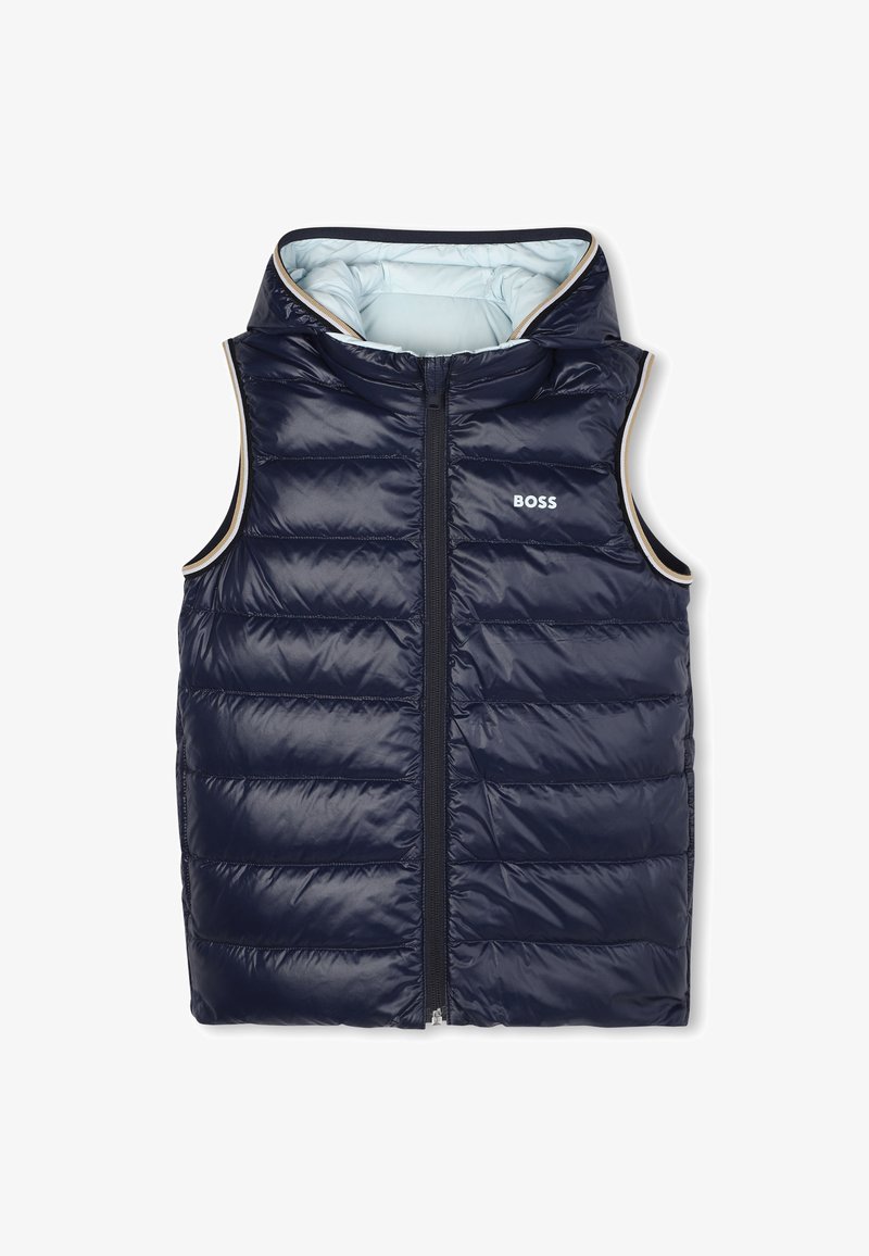 Gilet imbottito senza maniche di colore blu navy, con cappuccio, zip frontale, fodera azzurra e logo "BOSS" sul petto.