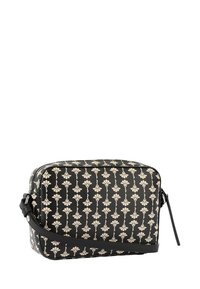 Borsa nera con motivo floreale color crema, forma rettangolare, realizzata in materiale testurizzato, con tracolla lunga regolabile e chiusura con cerniera.