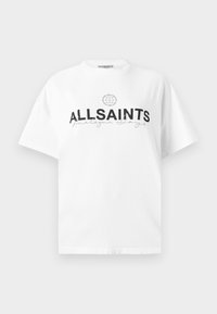 Λευκό βαμβακερό t-shirt με στρογγυλή λαιμόκοψη, κοντά μανίκια, που φέρει τη λέξη "ALLSAINTS" με μαύρα έντονα γράμματα και ένα γραφικό σχέδιο πάνω από αυτήν.