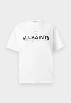 Biały bawełniany t-shirt z okrągłym dekoltem, krótkimi rękawami, z napisem „ALLSAINTS” czarnymi, pogrubionymi literami oraz nadrukiem graficznym powyżej.