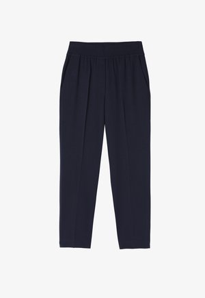 Pantaloni leggeri blu navy con cintura elastica, tasche laterali e vestibilità comoda. Tessuto liscio con design a gamba dritta.