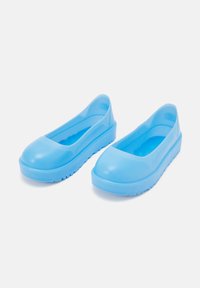 Light blue rubber flats with a smooth surface, rounded toe, and open sides. Textured sole with slight grip pattern for traction.