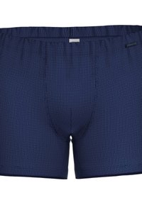 Boxer di colore blu navy realizzati in tessuto con un motivo a griglia di colore azzurro chiaro, dotati di una vita elasticizzata e di un'apertura frontale.