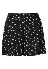 Falda corta negra con un patrón floral de pequeñas flores blancas, diseño plisado, tela suave y una cinturilla elástica para mayor comodidad.