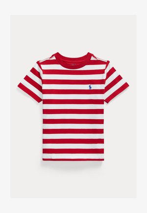 T-shirt de manga curta às riscas vermelhas e brancas, feita de algodão, com um pequeno logótipo azul bordado no peito e decote redondo.