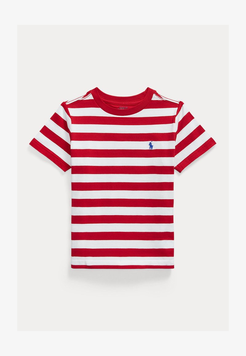 Czerwono-biała koszulka w paski z krótkim rękawem, wykonana z bawełny, z małym niebieskim haftowanym logo na piersi i okrągłym dekoltem.