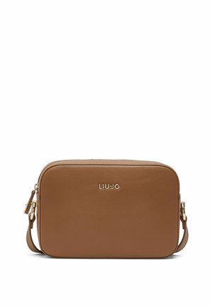 Obdélníková hnědá kožená crossbody taška se zlatým logem "LIU JO" a nastavitelným popruhem se zlatými kovovými částmi.