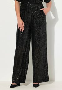 Ulla Popken WIDE LEG SEQUINED - Kalhoty - black